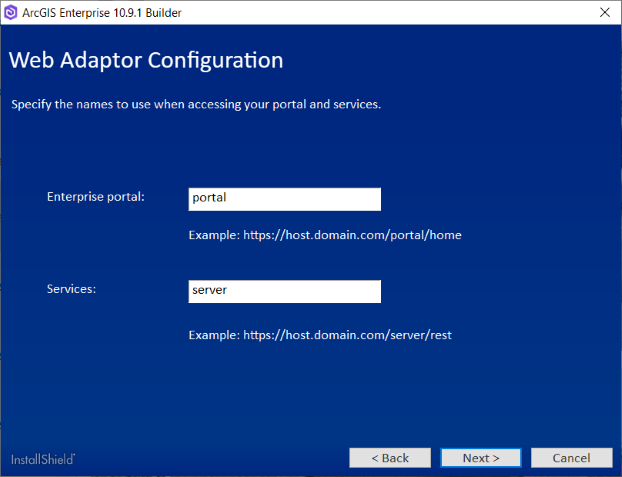 一意の ArcGIS Web Adaptor 名を指定するか、デフォルト名をそのまま使用します。 一意の ArcGIS Web Adaptor 名を指定するか、デフォルト名をそのまま使用します。