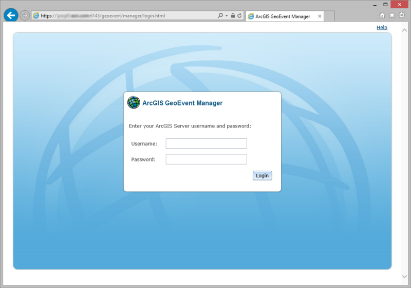 GeoEvent Manager へのログイン。 GeoEvent Manager へのログイン。