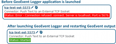 GeoEvent Manager の出力コネクタのステータス GeoEvent Manager の出力コネクタのステータス