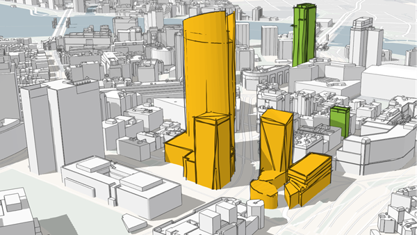 3D オブジェクト シーン レイヤーで表示された建物 3D オブジェクト シーン レイヤーで表示された建物