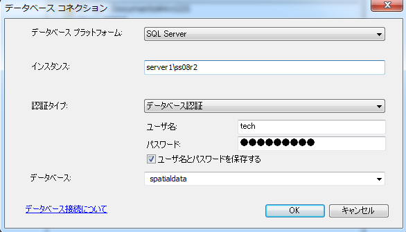 データベース認証を使用した SQL Server の名前付きインスタンス上にあるデータベースへの接続例