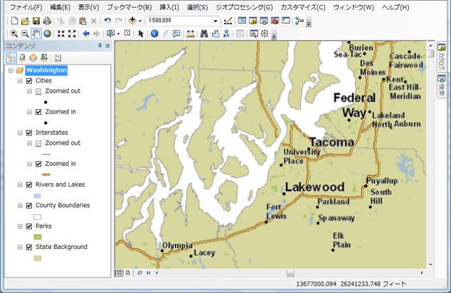 複数の縮尺でシンボル表示した ArcMap ドキュメント